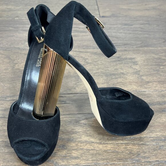 MICHAEL MICHAEL KORS Paloma Metallic Heel Suede Sandals Black Sz 5.5 EUC - Picture 2 of 9